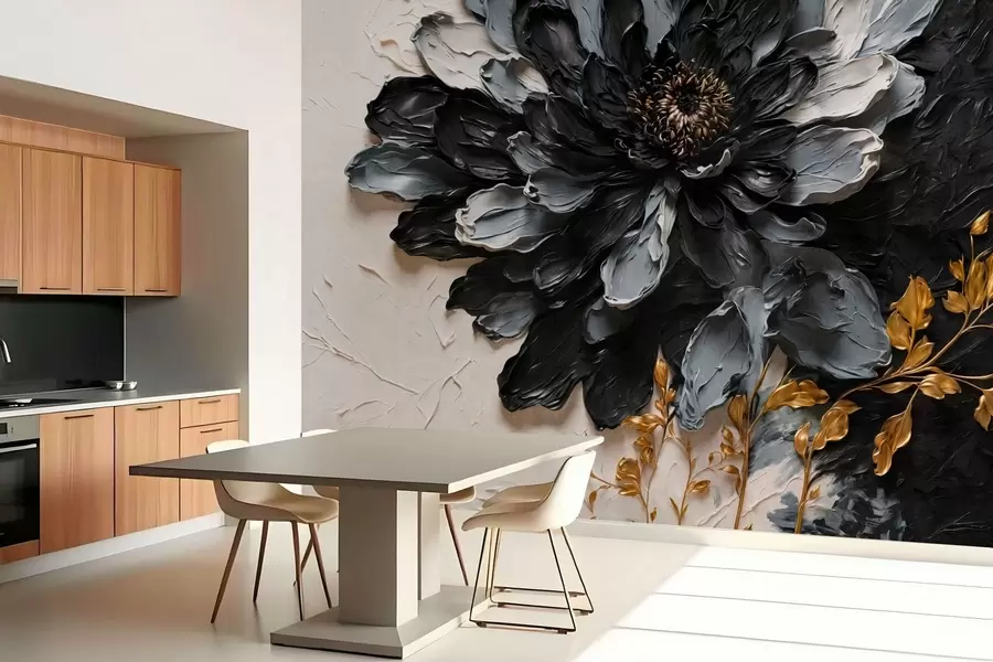 murales Flor con textura en negro y gris con ramas decorativas w05883