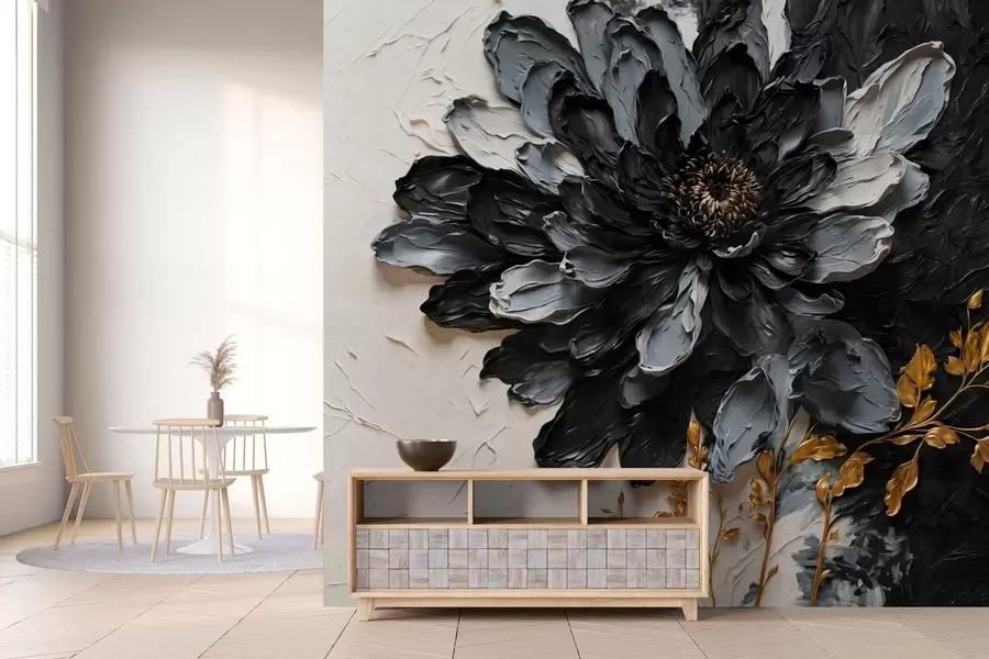 murales Flor con textura en negro y gris con ramas decorativas w05883