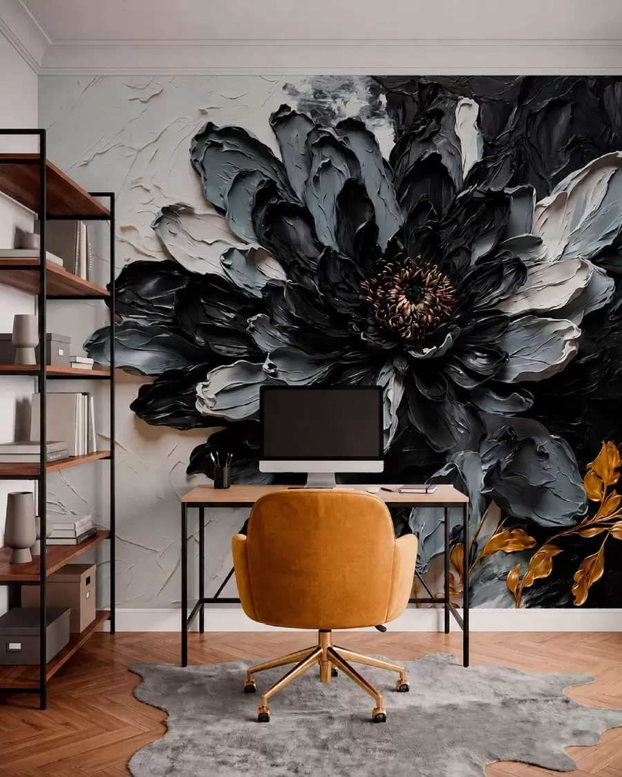 murales Flor con textura en negro y gris con ramas decorativas w05883