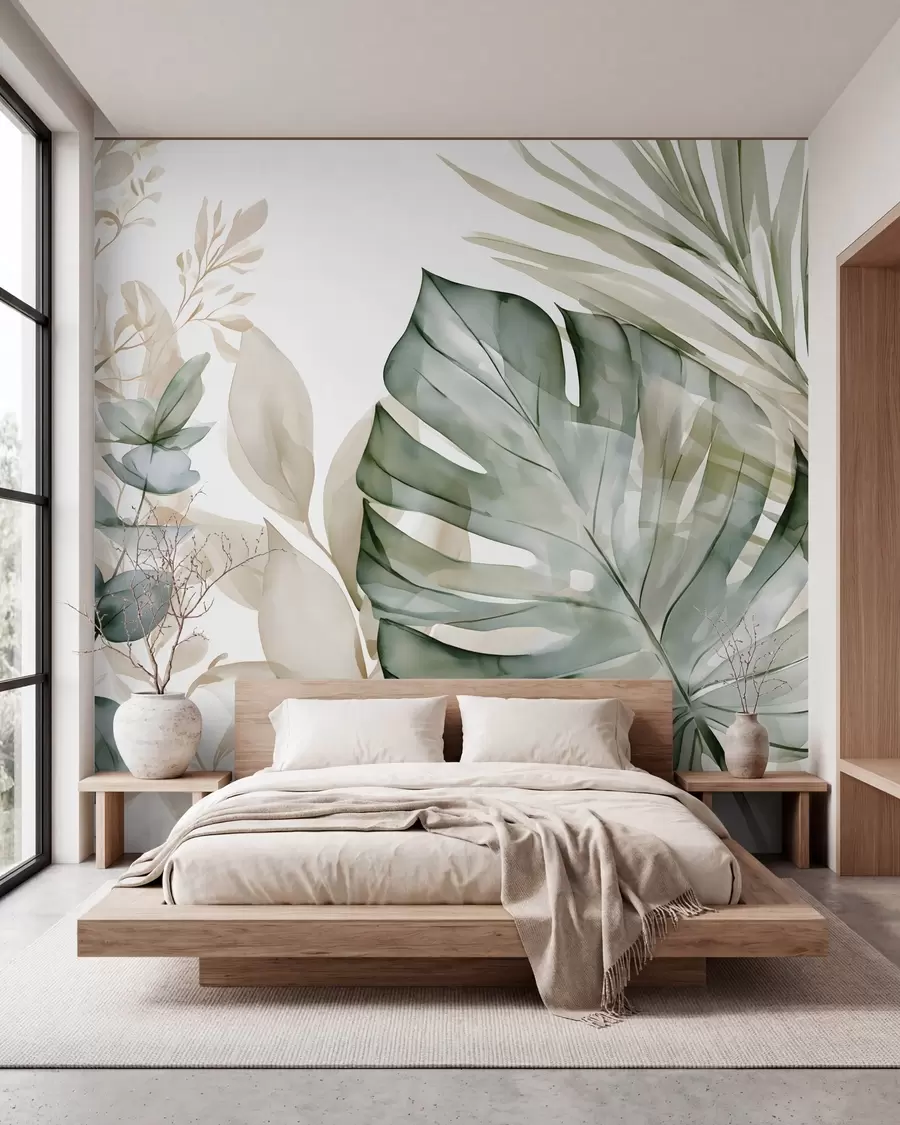 murales Hojas tropicales grandes en estilo acuarela w05867