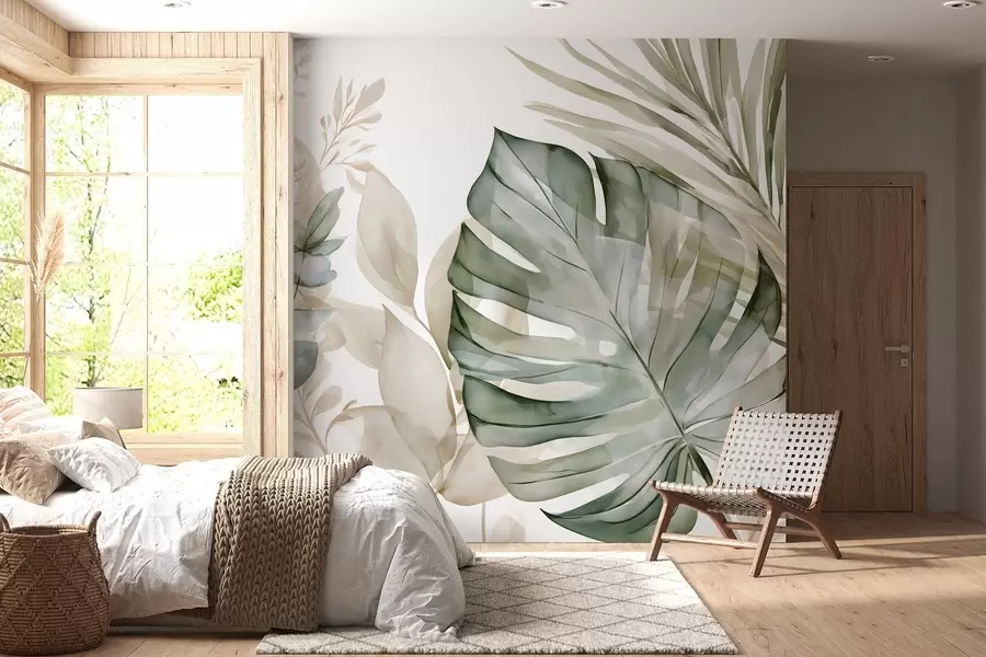 murales Hojas tropicales grandes en estilo acuarela w05867