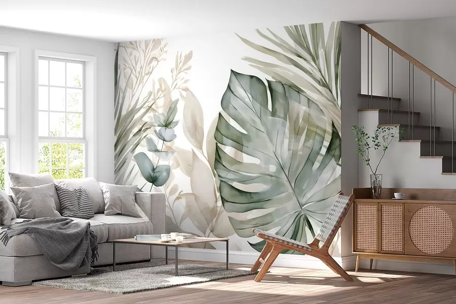 murales Hojas tropicales grandes en estilo acuarela w05867