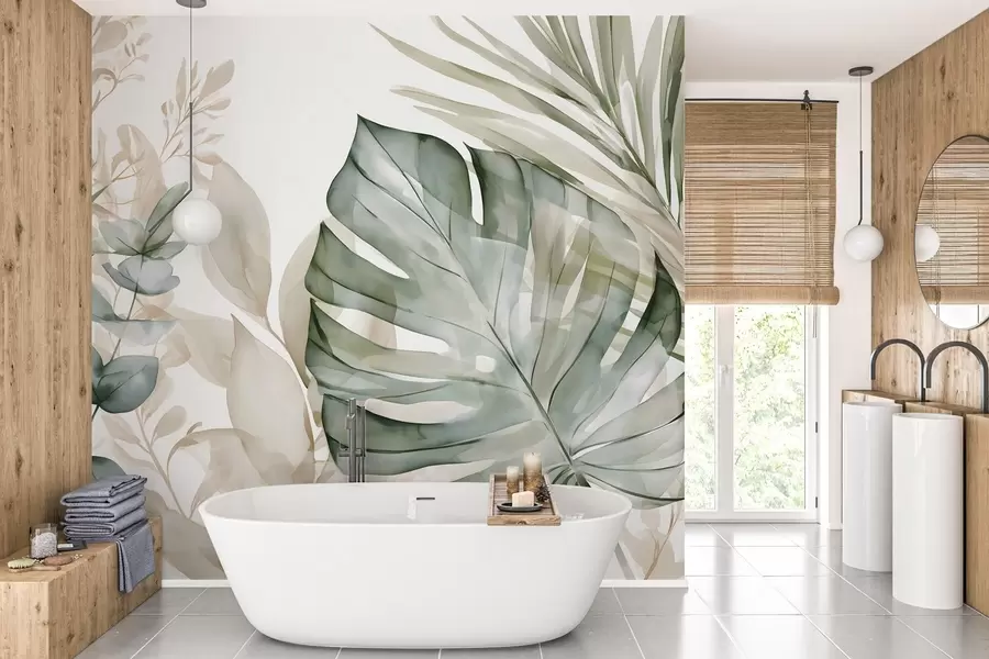 Wall Mural Photo Wallpaper Large tropical leaves in a watercolour style w05867