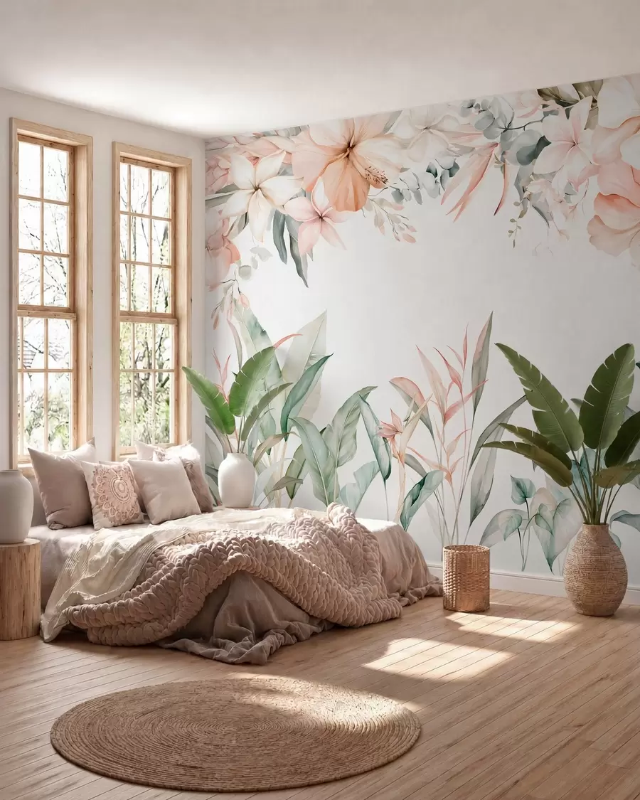 Wall Mural Photo Wallpaper A tropical composition of flowers and plants in a watercolour style, in delicate shades w05870