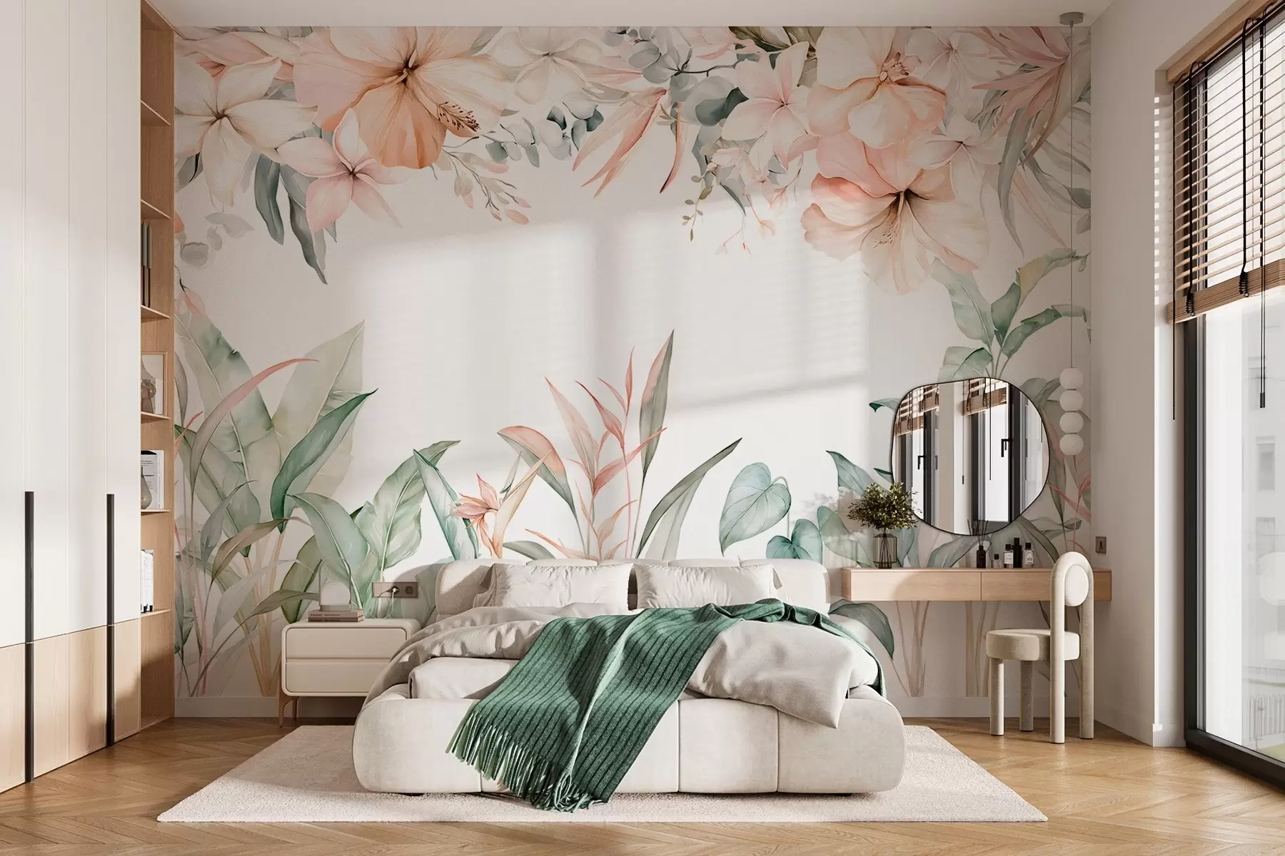wall murals A tropical composition of flowers and plants in a watercolour style, in delicate shades w05870
