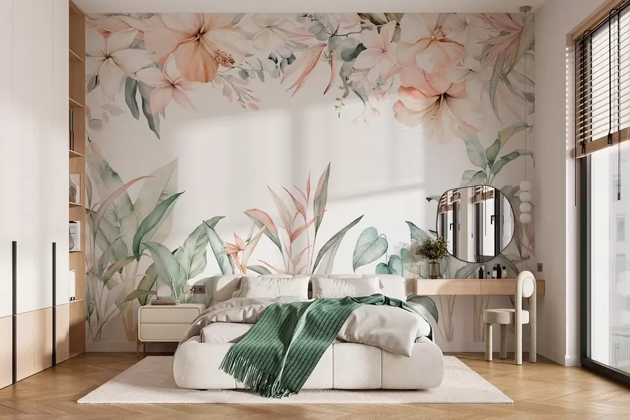 Wall Mural Photo Wallpaper A tropical composition of flowers and plants in a watercolour style, in delicate shades w05870