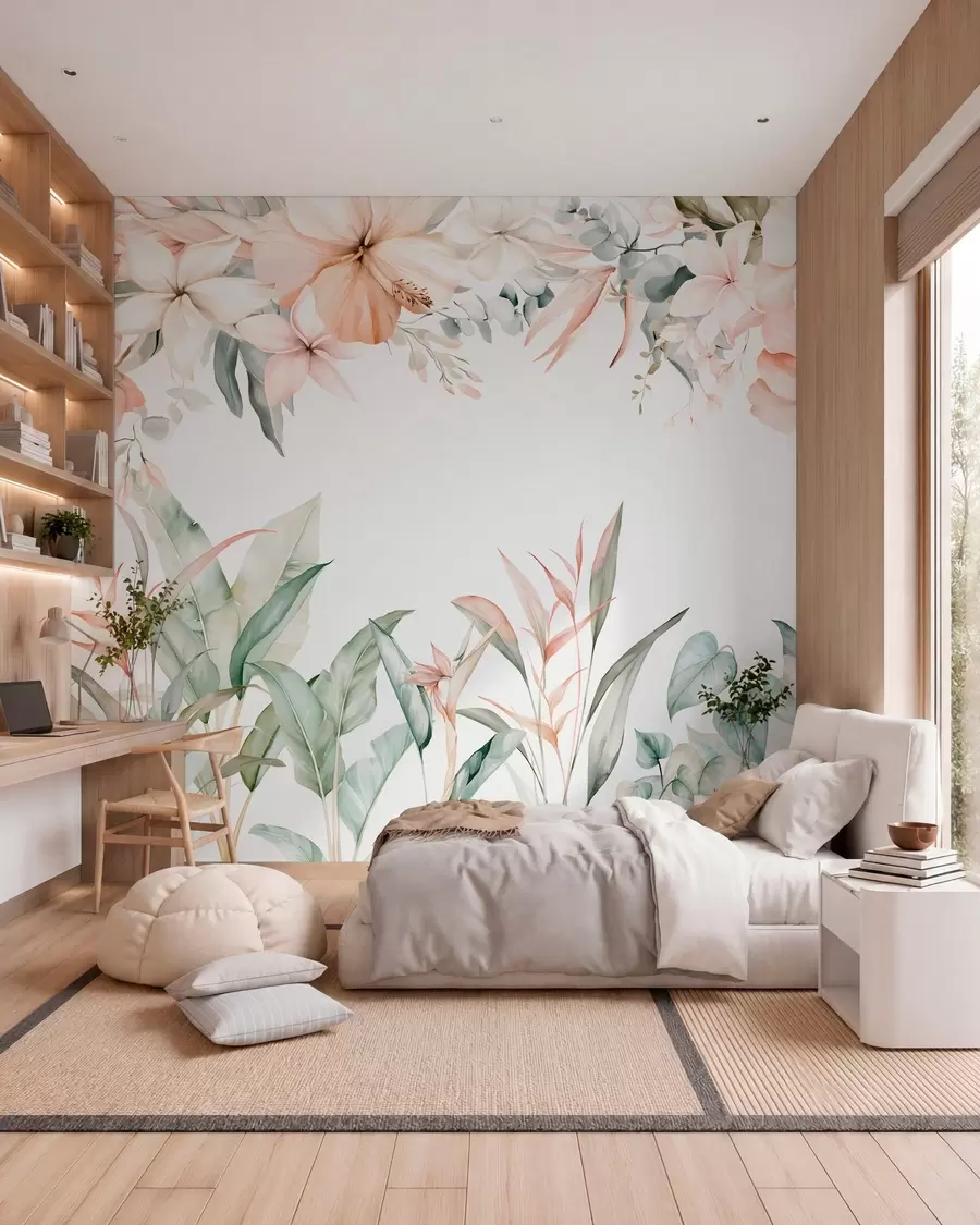 wall murals A tropical composition of flowers and plants in a watercolour style, in delicate shades w05870