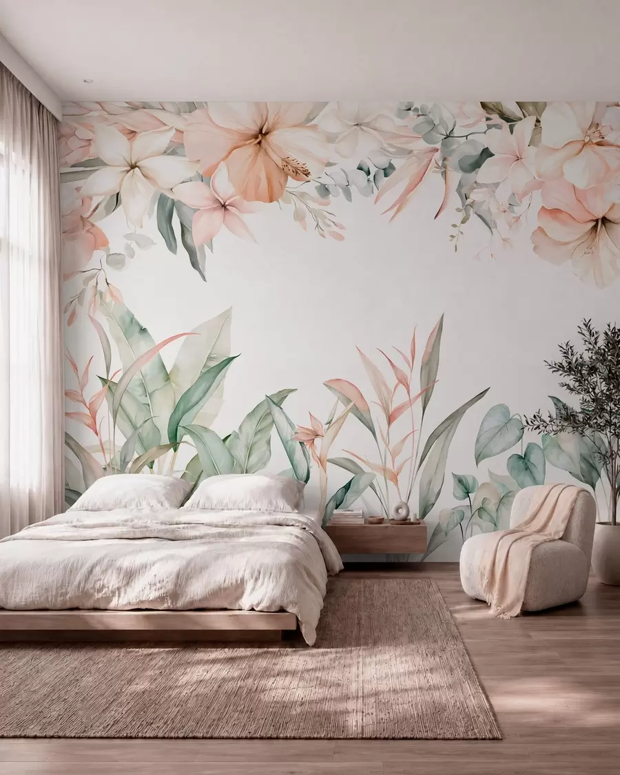 Wall Mural Photo Wallpaper A tropical composition of flowers and plants in a watercolour style, in delicate shades w05870