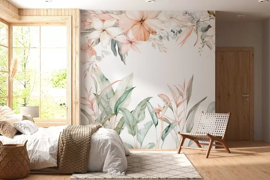 murales Una composición tropical de flores y plantas en estilo acuarela, en tonos delicados w05870