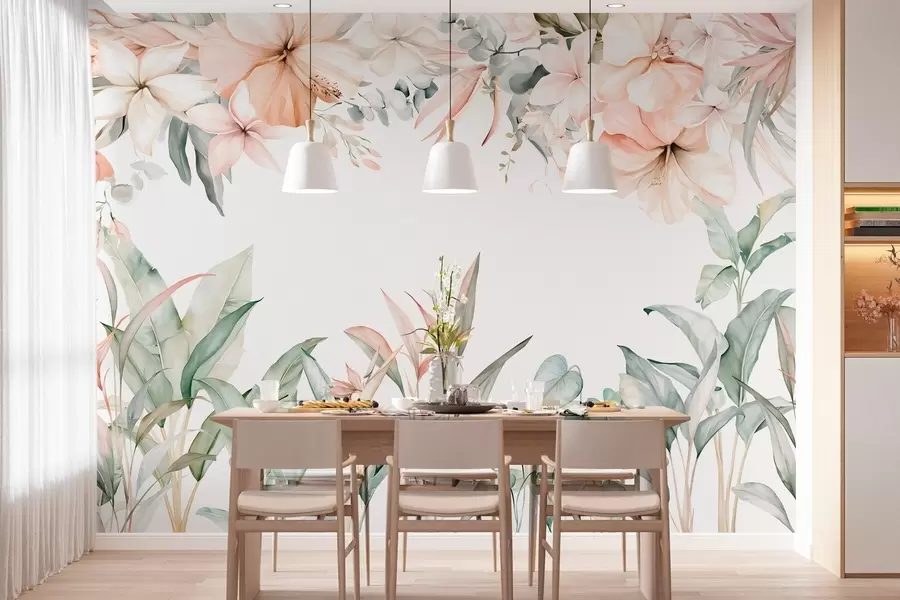 wall murals A tropical composition of flowers and plants in a watercolour style, in delicate shades w05870