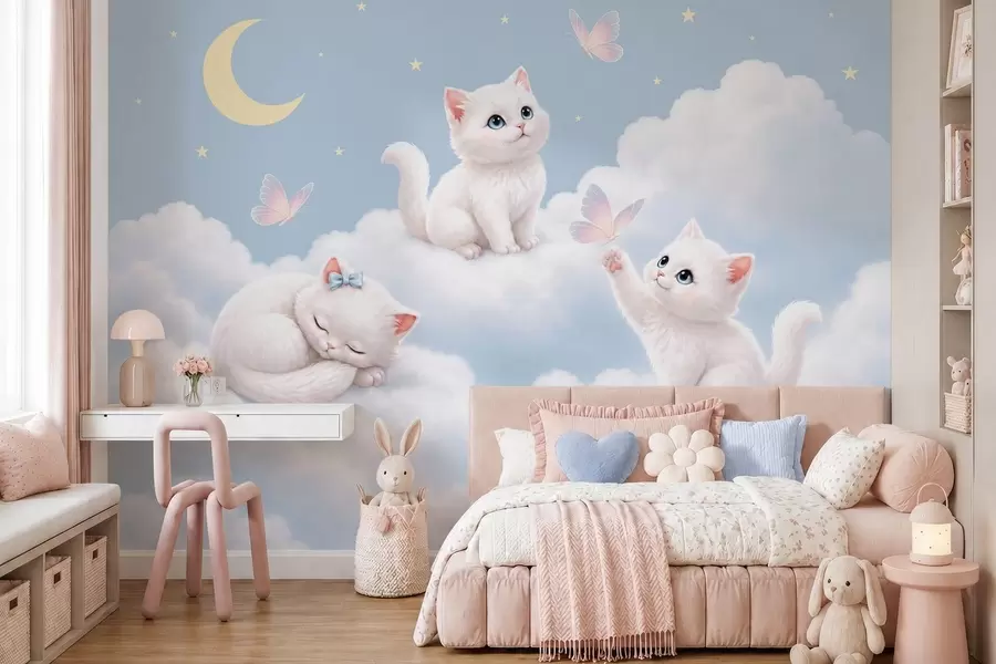 Wall Mural Photo Wallpaper Cute kittens with butterflies among the clouds w05841