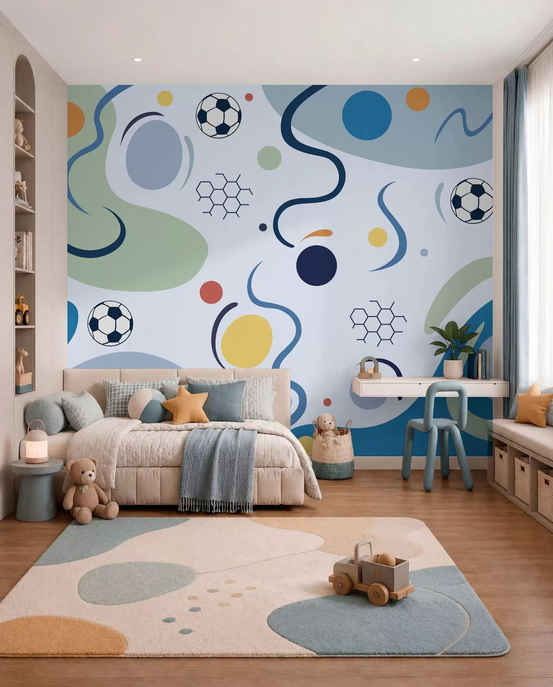 murales Formas abstractas de colores, balones de fútbol y líneas w05142v1