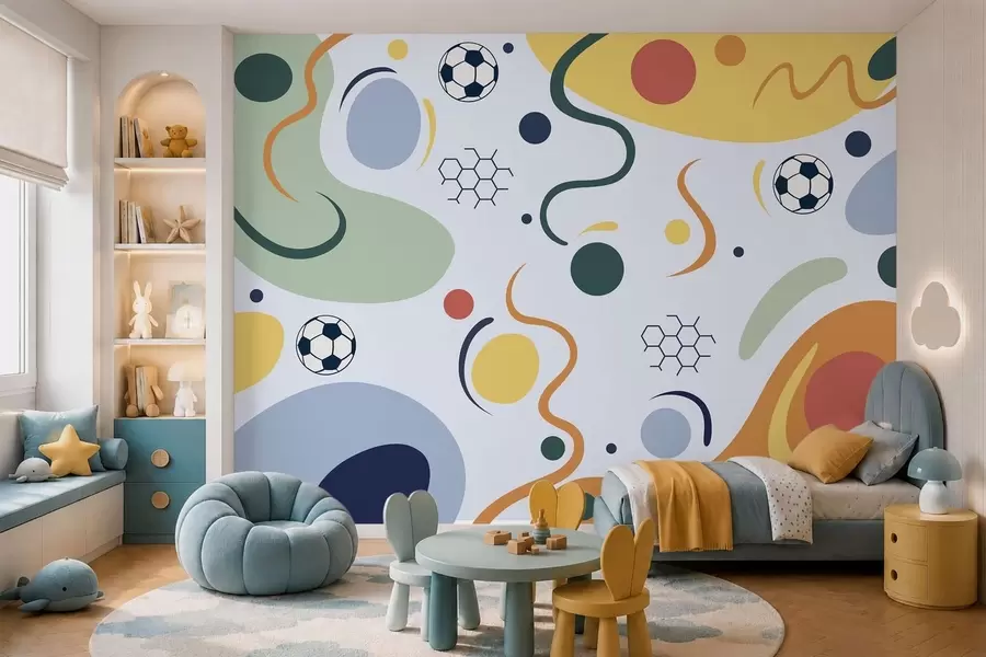 peintures murales Formes abstraites, ballons de football, lignes et cercles w05142v2