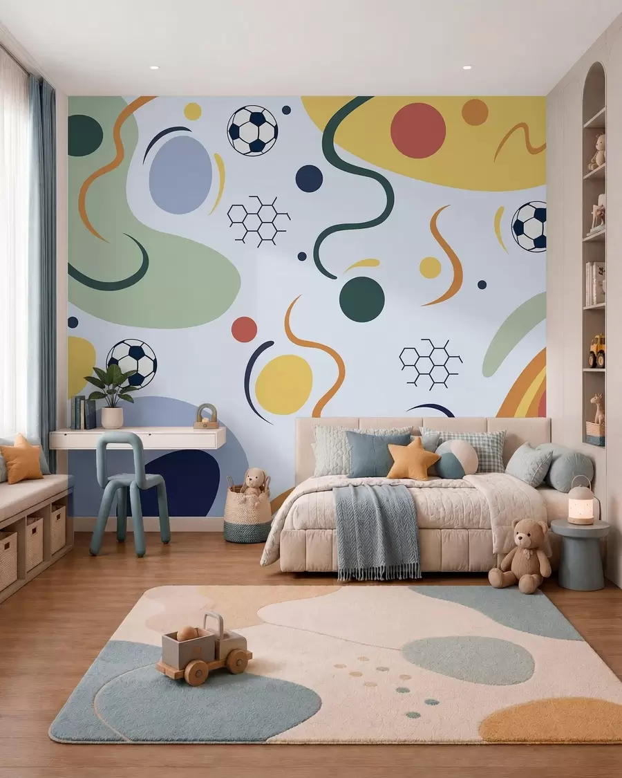 wall murals Abstract shapes, soccer balls, lines and circles w05142v2