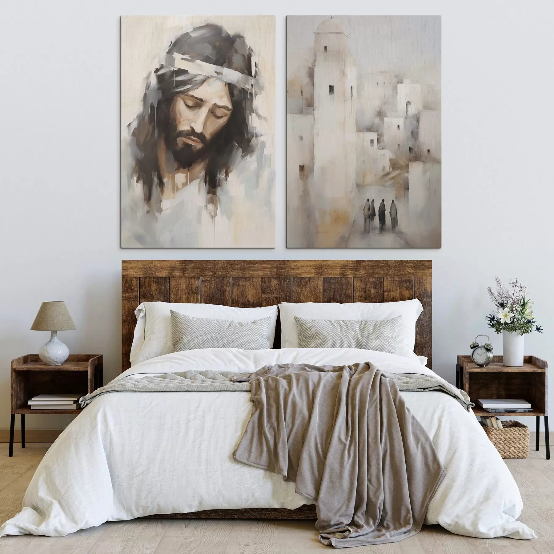 murales Jesús y una antigua ciudad abstracta, pintura de imitación m30909