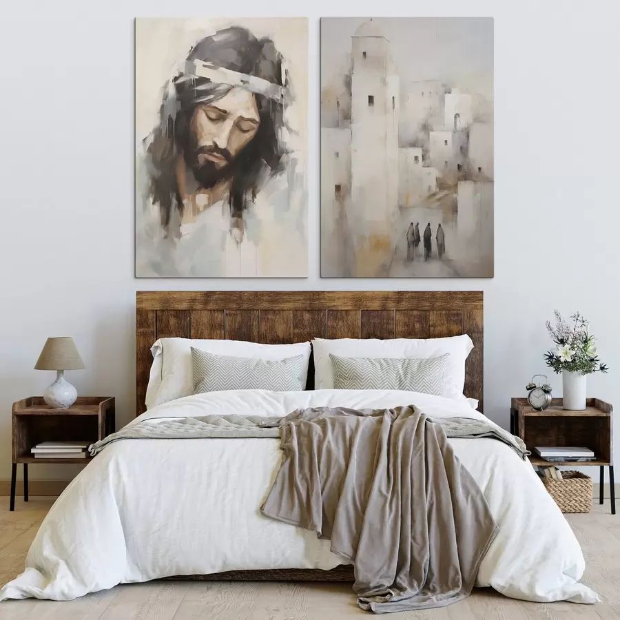 murales Jesús y una antigua ciudad abstracta, pintura de imitación m30909