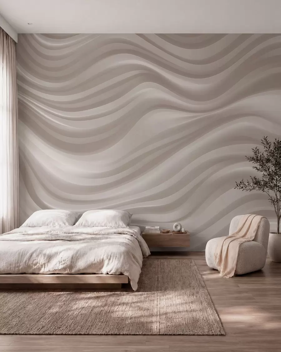 murales Líneas onduladas y amplias en suaves tonos beige y crema w09835