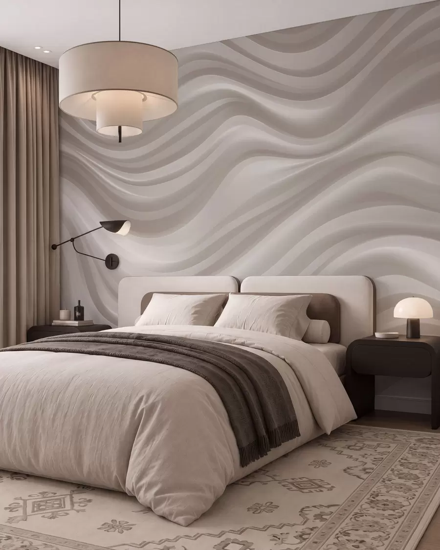 murales Líneas onduladas y amplias en suaves tonos beige y crema w09835