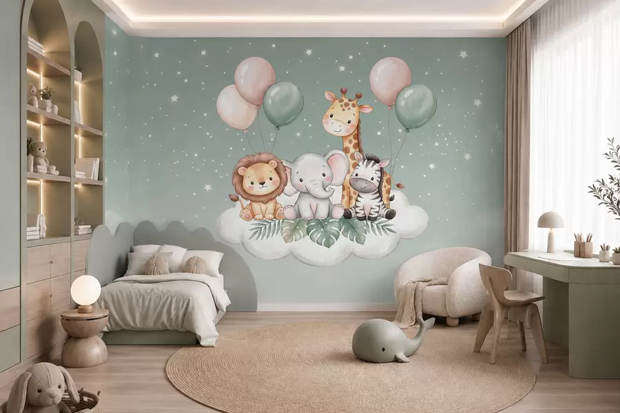 Wall Mural Photo Wallpaper Friendly safari animals on fluffy clouds in soft pastel tones, in a watercolor style w10004