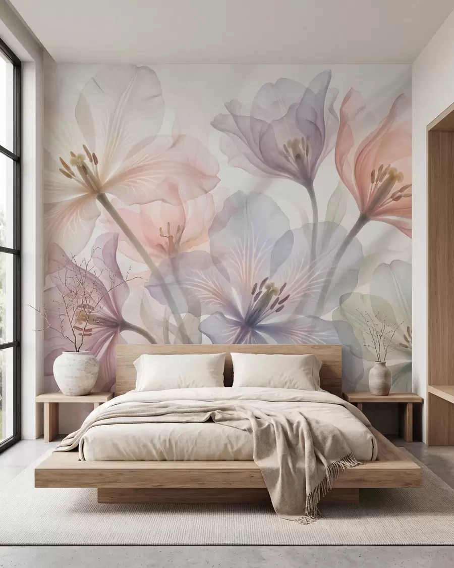 murales Delicadas flores transparentes en tonos pastel, al estilo de la acuarela w09999