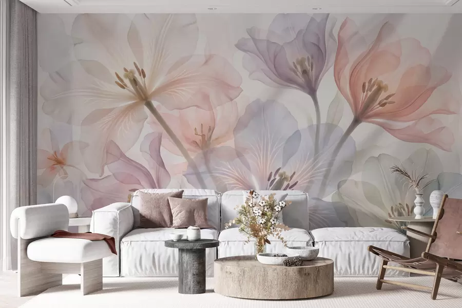 Wall Mural Photo Wallpaper Delicate transparent flowers in pastel shades, in a watercolor style w09999