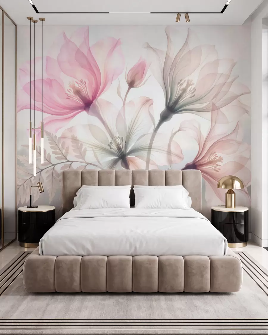 murales Delicadas flores en tonos rosa y azul pastel, con estilo de acuarela w10009