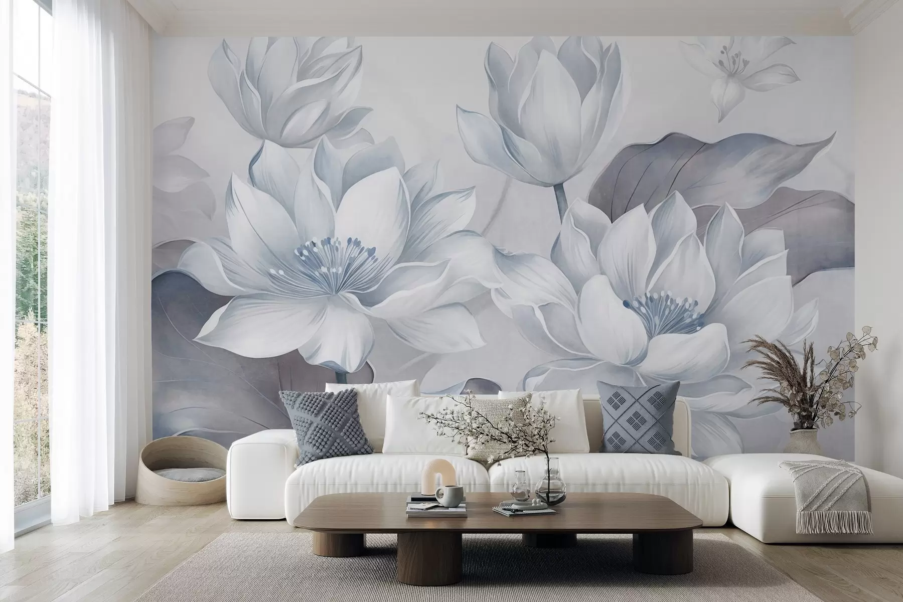 wall murals Textured lotus flowers with delicate petals, large, muted blue leaves w10027v1