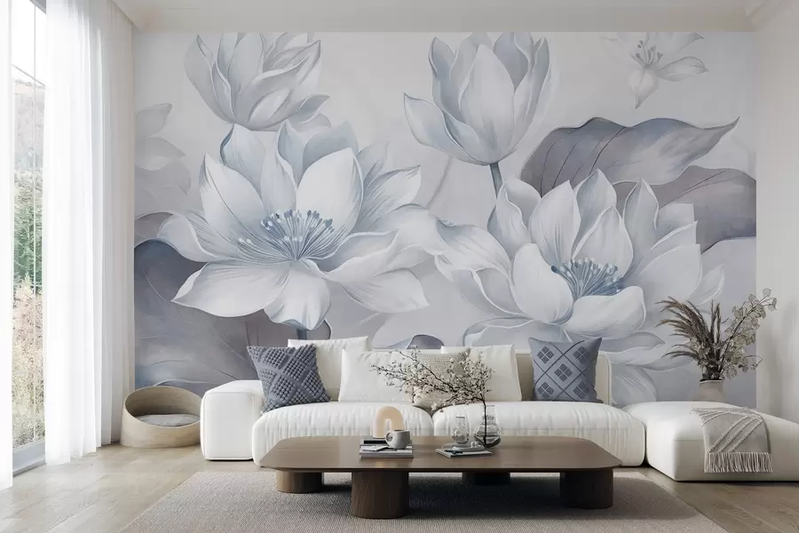 wall murals Textured lotus flowers with delicate petals, large, muted blue leaves w10027v1