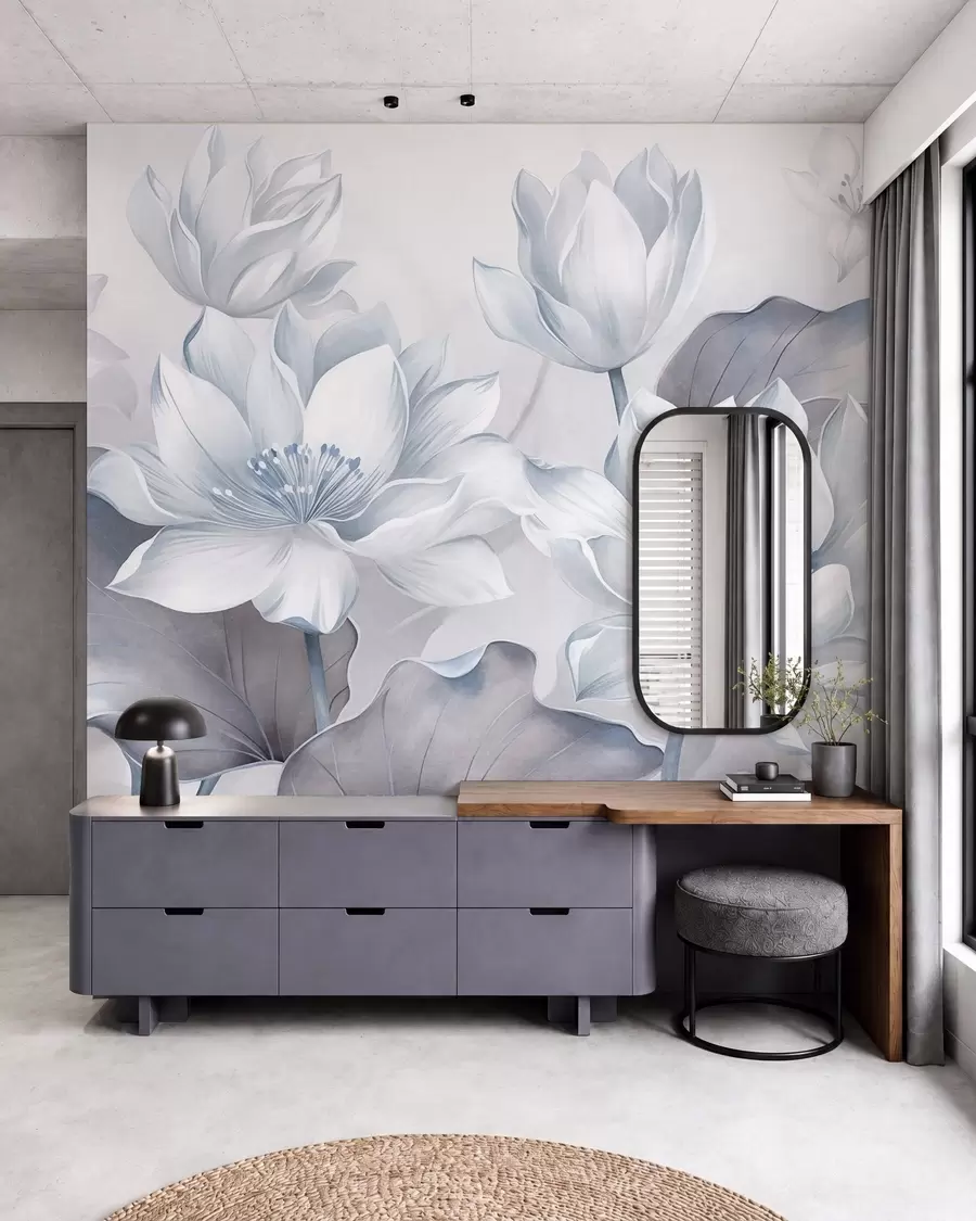 murales Flores de loto con textura y pétalos delicados, y hojas grandes de un azul apagado w10027v1