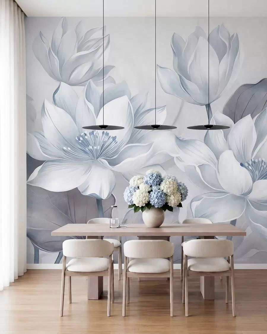 murales Flores de loto con textura y pétalos delicados, y hojas grandes de un azul apagado w10027v1