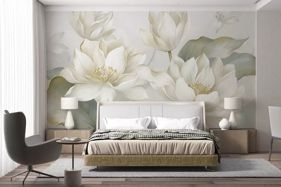 murales Flores de loto con textura y pétalos delicados, y hojas grandes de color verde apagado w10027