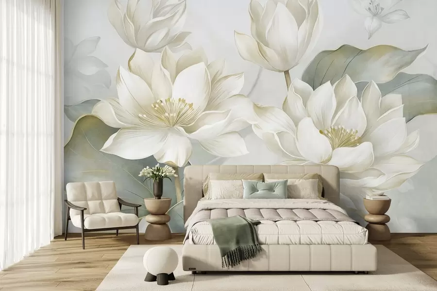 murales Flores de loto con textura y pétalos delicados, y hojas grandes de color verde apagado w10027