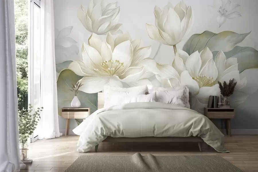 wall murals Textured lotus flowers with delicate petals, large, muted green leaves w10027