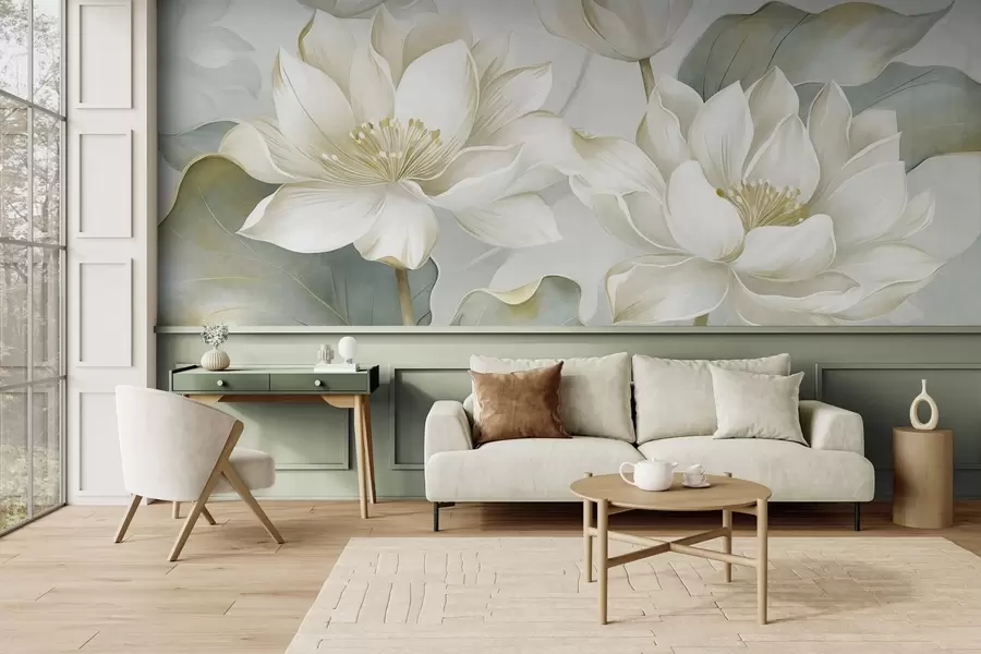 murales Flores de loto con textura y pétalos delicados, y hojas grandes de color verde apagado w10027