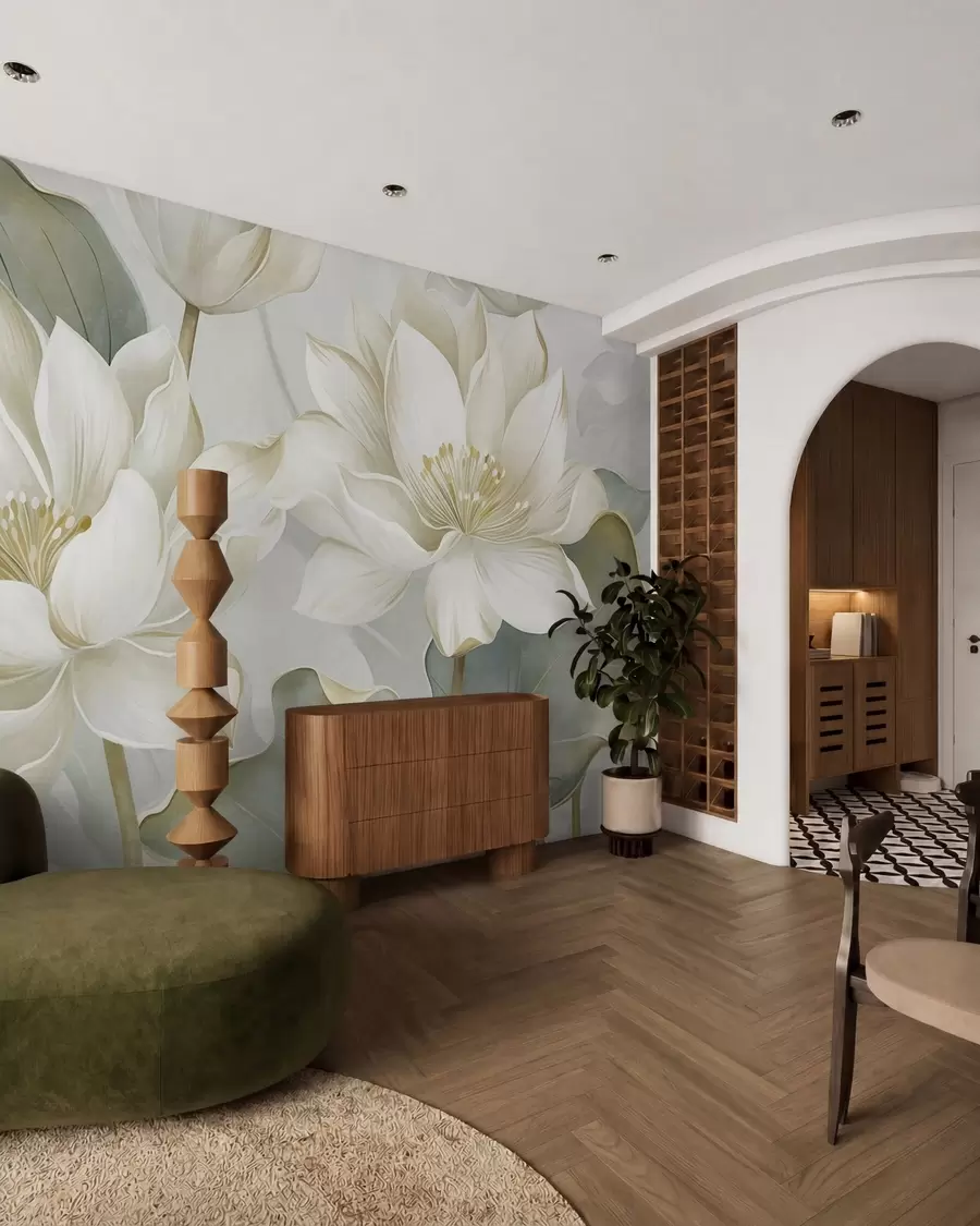 wall murals Textured lotus flowers with delicate petals, large, muted green leaves w10027