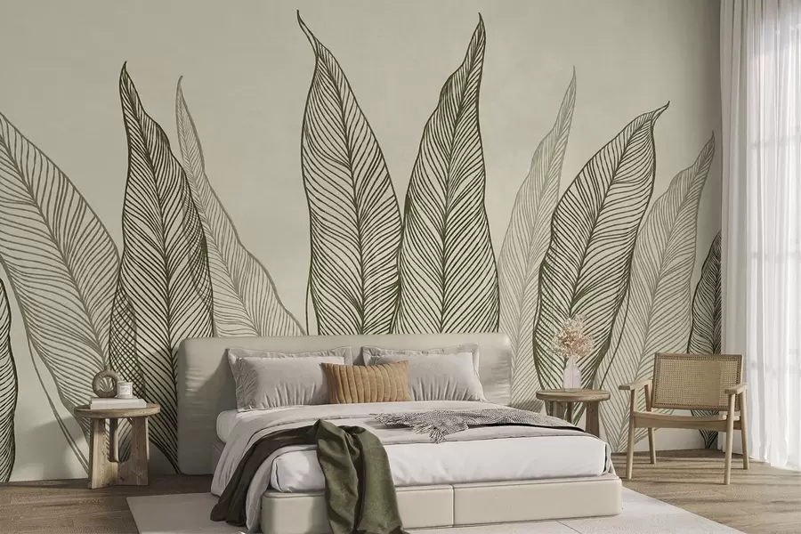 murales Hojas verdes estilizadas con detalles de líneas intrincadas sobre un fondo beige; ilustración con textura w10030