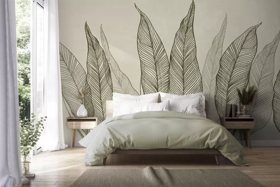 murales Hojas verdes estilizadas con detalles de líneas intrincadas sobre un fondo beige; ilustración con textura w10030