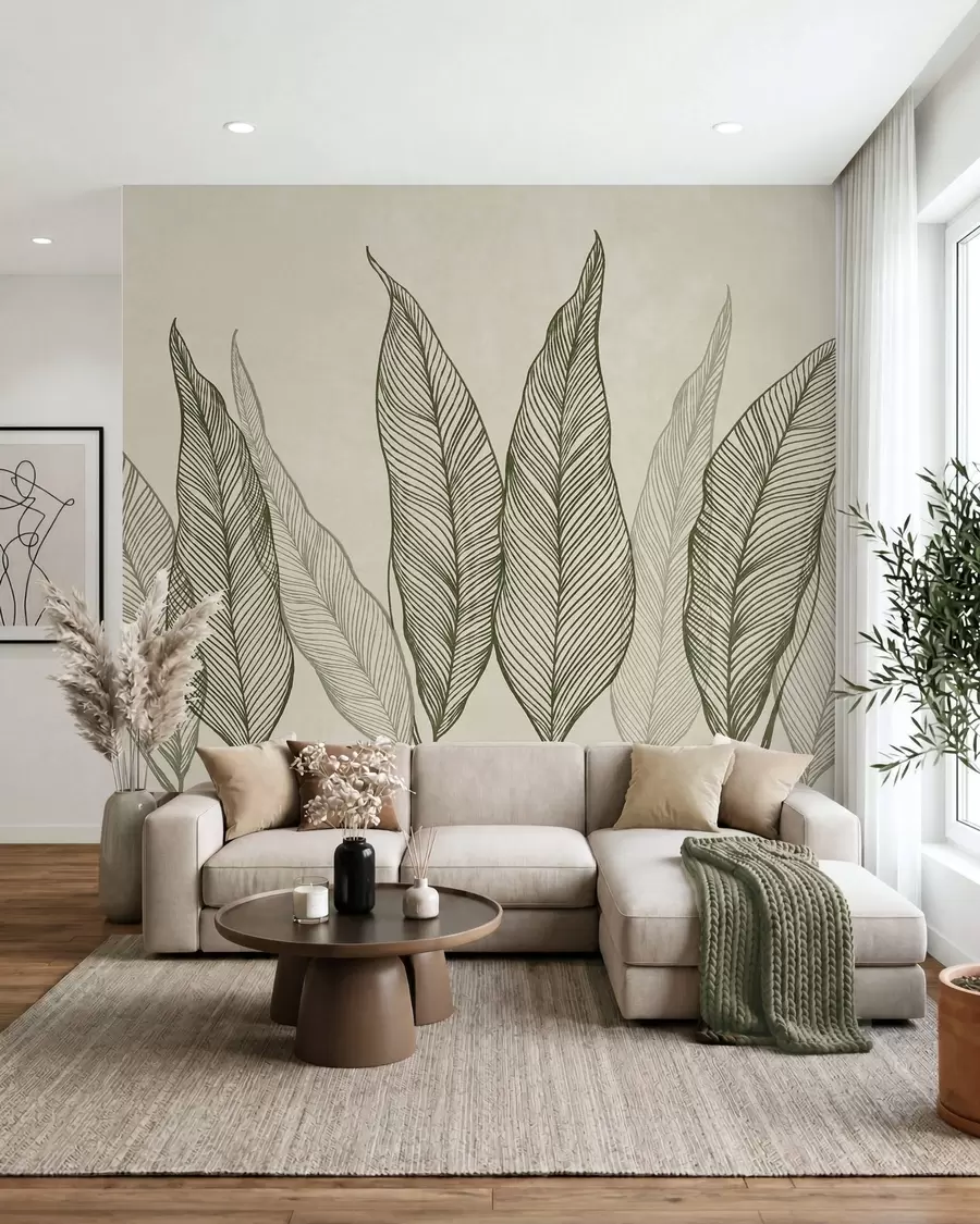 wall murals Stylized green leaves with intricate line details on a beige background, textured art w10030