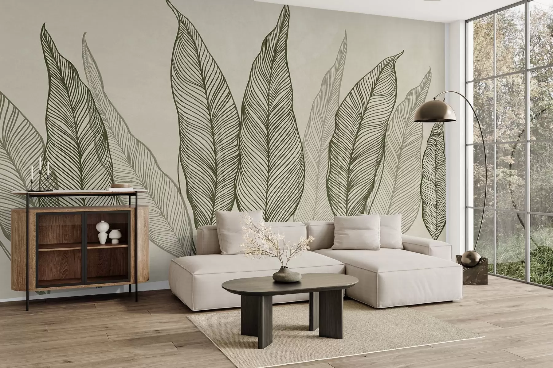 peintures murales Feuilles vertes stylisées aux traits finement travaillés sur fond beige, illustration texturée w10030