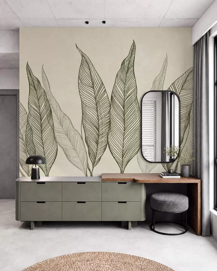 murales Hojas verdes estilizadas con detalles de líneas intrincadas sobre un fondo beige; ilustración con textura w10030