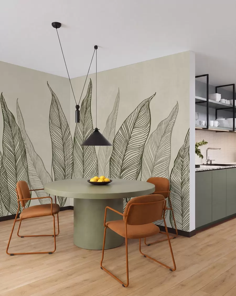 murales Hojas verdes estilizadas con detalles de líneas intrincadas sobre un fondo beige; ilustración con textura w10030