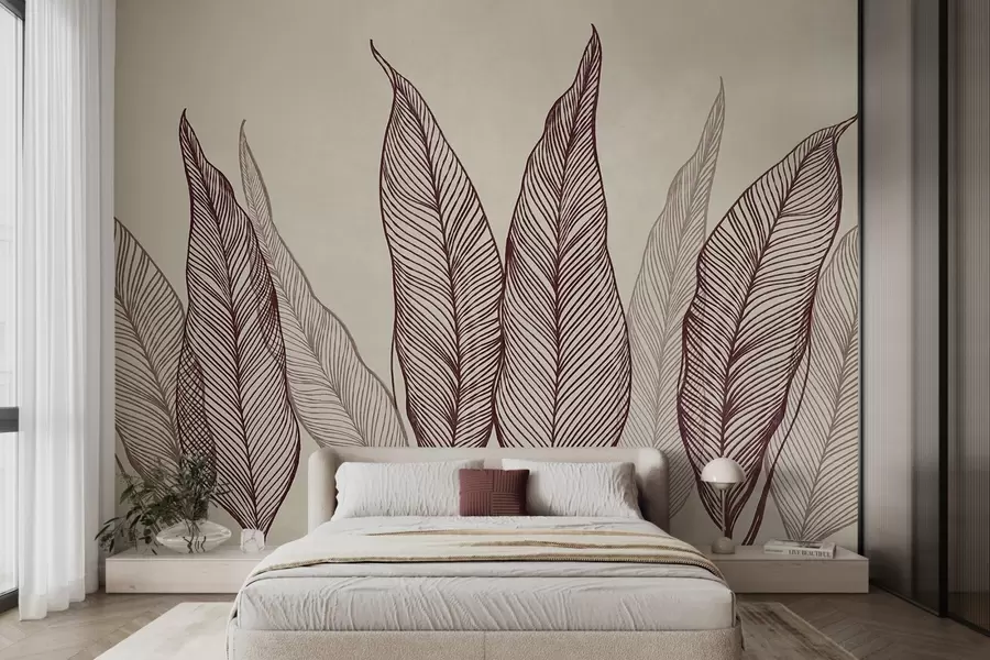 wall murals Stylized burgundy leaves with intricate line details on a beige background, textured art w10030v1
