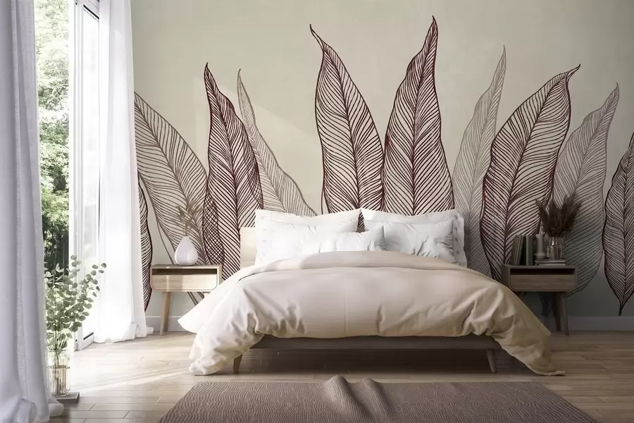 wall murals Stylized burgundy leaves with intricate line details on a beige background, textured art w10030v1