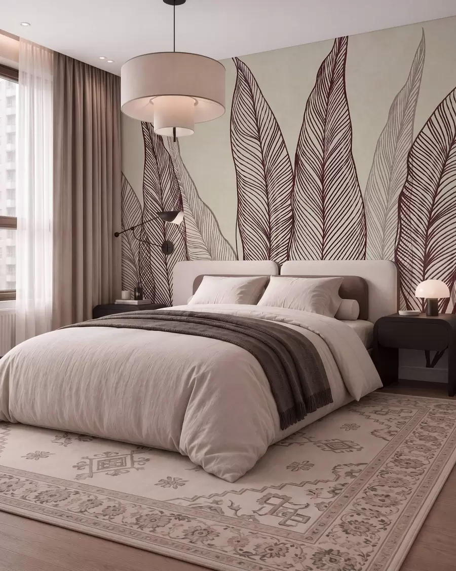 murales Hojas de color burdeos estilizadas con detalles de líneas intrincadas sobre un fondo beige, obra de arte con textura w10030v1
