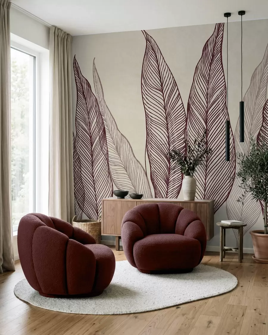 wall murals Stylized burgundy leaves with intricate line details on a beige background, textured art w10030v1