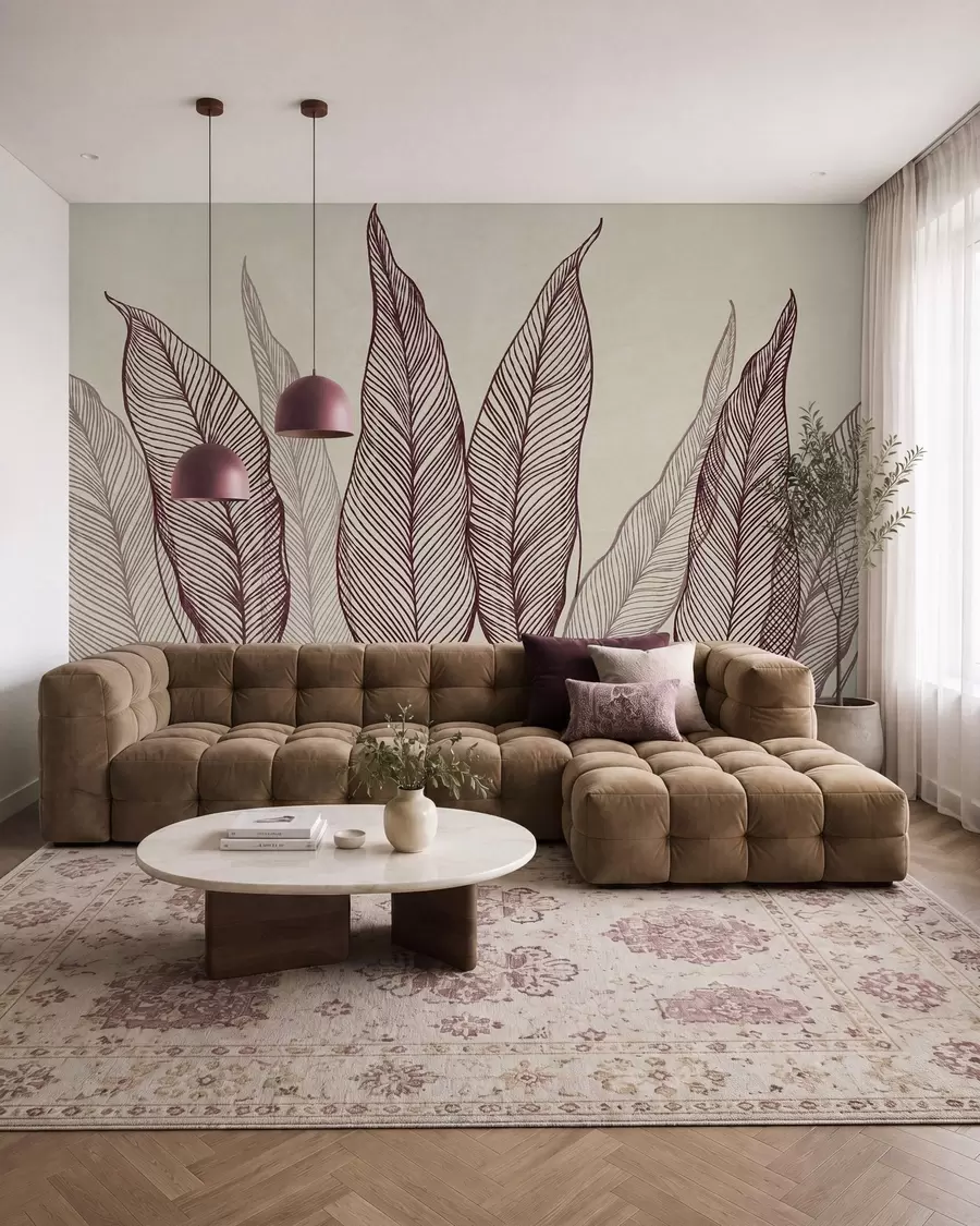 Wall Mural Photo Wallpaper Stylized burgundy leaves with intricate line details on a beige background, textured art w10030v1