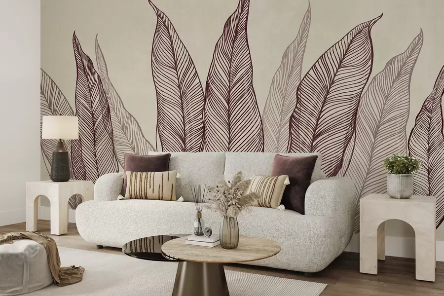 murales Hojas de color burdeos estilizadas con detalles de líneas intrincadas sobre un fondo beige, obra de arte con textura w10030v1