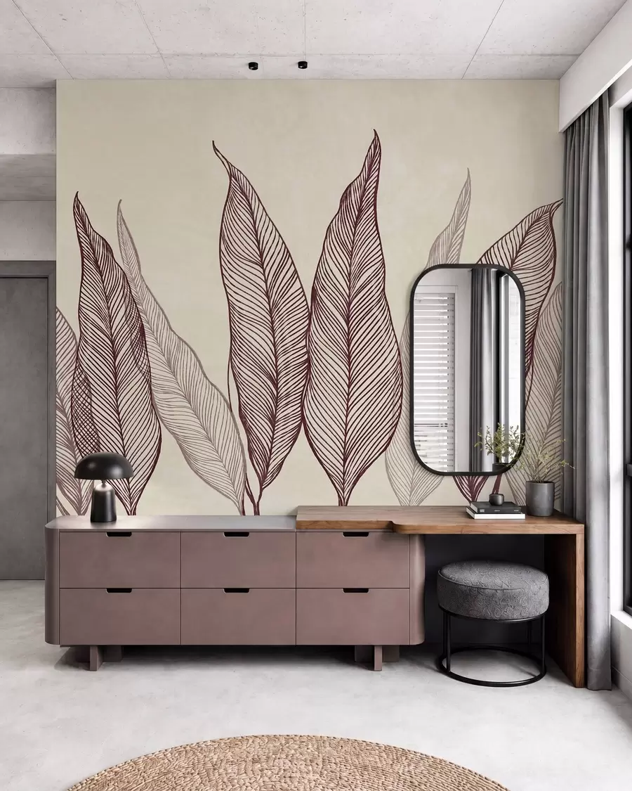 murales Hojas de color burdeos estilizadas con detalles de líneas intrincadas sobre un fondo beige, obra de arte con textura w10030v1