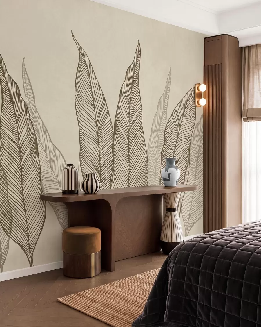 murales Hojas marrones estilizadas con detalles de líneas intrincadas sobre un fondo beige; obra de arte con textura w10030v2