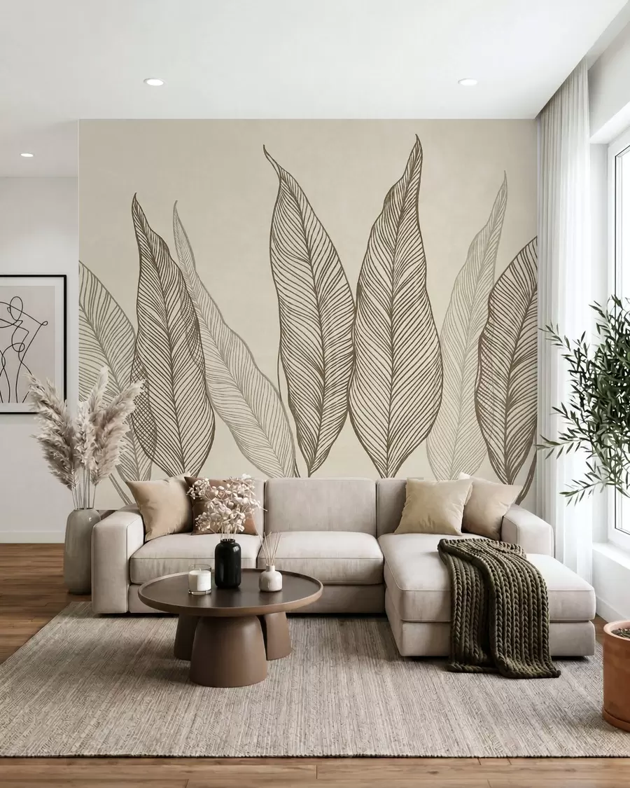 wall murals Stylized brown leaves with intricate line details on a beige background, textured art w10030v2